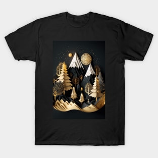 Gold and Black Wonderland - Whimsical Winter Holiday Mountainscape Forest Scene T-Shirt